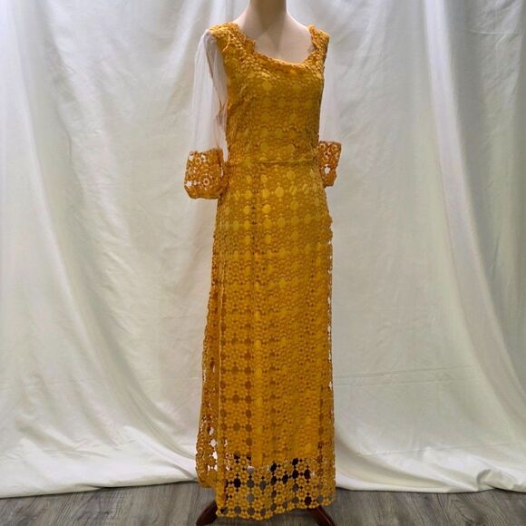 Golden Hour Glam: New Mustard Crochet Maxi Dress – Sheer Elegance! Size Large - Picture 3 of 10